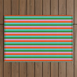 [ Thumbnail: Turquoise, Forest Green, Plum & Red Colored Striped/Lined Pattern Outdoor Rug ]