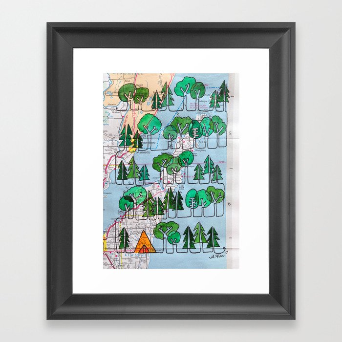 Door County, WI Forest with tent Continuous Line Drawing on vintage map Framed Art Print