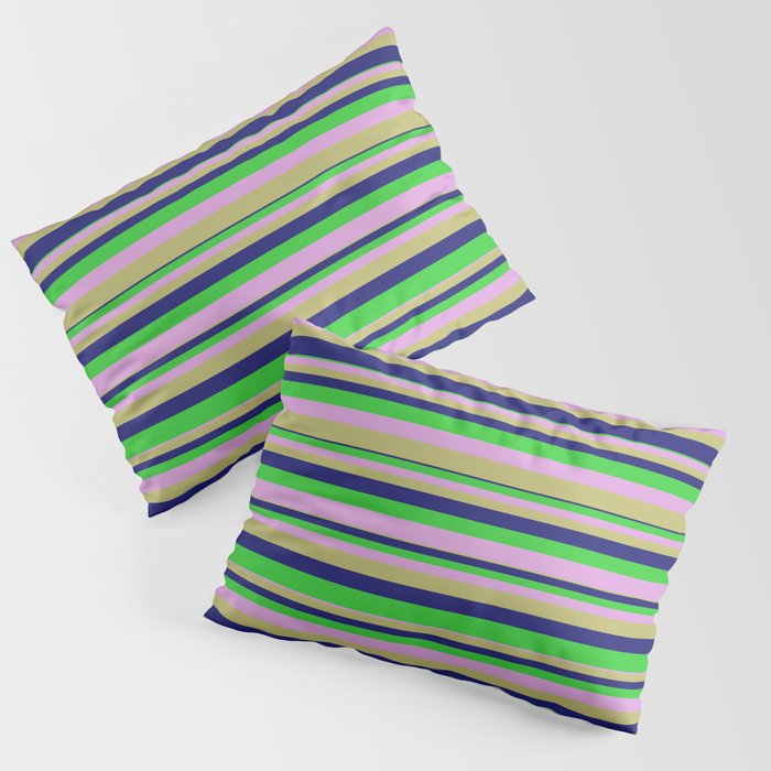Plum, Dark Khaki, Midnight Blue, and Lime Green Colored Lines/Stripes Pattern Pillow Sham