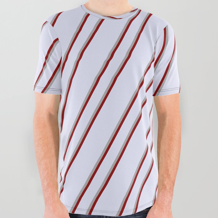 Lavender, Dark Grey, and Dark Red Colored Lines Pattern All Over Graphic Tee