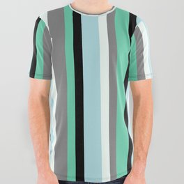 [ Thumbnail: Aquamarine, Black, Powder Blue, Mint Cream, and Gray Colored Pattern of Stripes All Over Graphic Tee ]