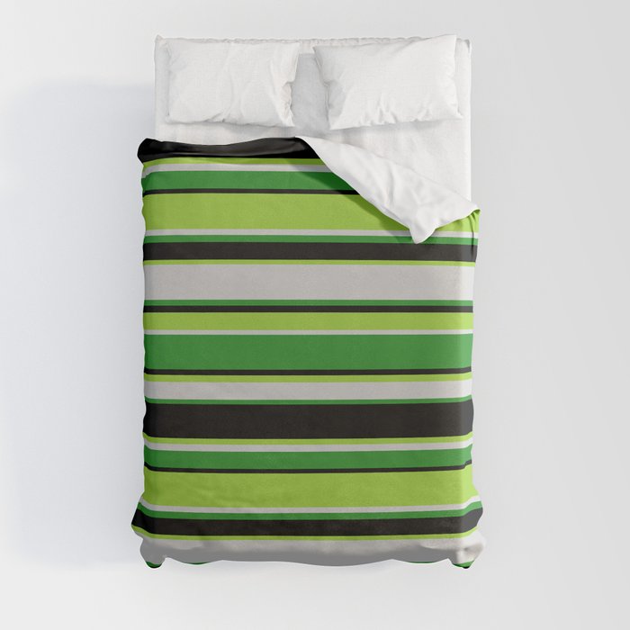 Green, Light Gray, Forest Green, and Black Colored Stripes Pattern Duvet Cover