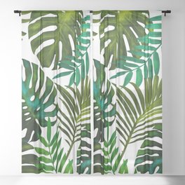 Tropical Dream, Jungle Nature Botanical Monstera Palm Leaves Illustration, Scandinavian Painting Sheer Curtain