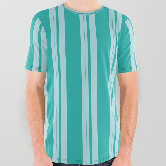 Powder Blue and Light Sea Green Colored Lined/Striped Pattern All Over Graphic Tee