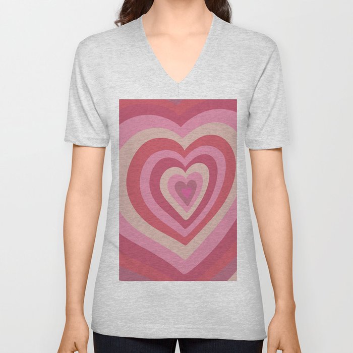 Retro Groovy Love Hearts - shades of red and pink V Neck T Shirt