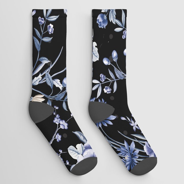 Chinoiserie Flowers and Dots Pattern Blue and Bisque Socks