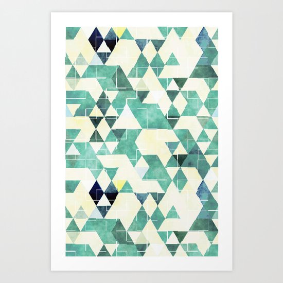 Abstract Green Triangles, Watercolor Pattern Art Print