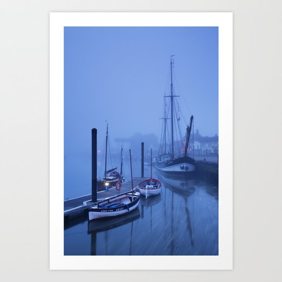 Fog over harbour and boats at dawn, Wells-next-the-sea, North Norfolk Coast, UK Art Print