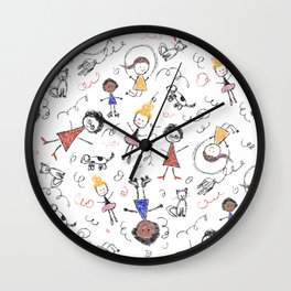 Whimsical crayon stick figure children repeat pattern Wall Clock