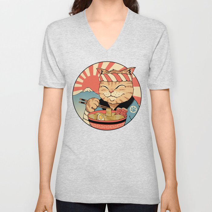 Cat Samurai Ramen V Neck T Shirt