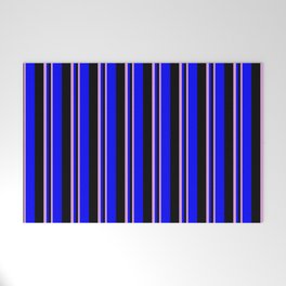 [ Thumbnail: Plum, Black, and Blue Colored Lines Pattern Welcome Mat ]