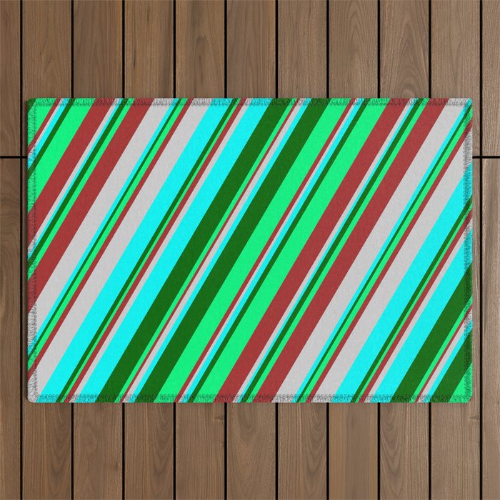 Colorful Brown, Light Grey, Cyan, Dark Green, and Green Colored Stripes Pattern Outdoor Rug