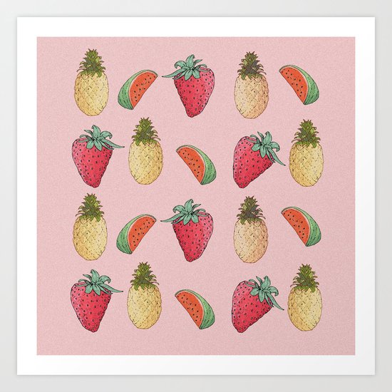 watermelon, pineapple, and Strawberry Art Print