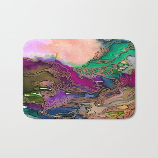 BRING ON BOHEMIA 1 Bold Rainbow Colorful Watercolor Abstract Metallic Accent Summer Peach Pink Green Bath Mat