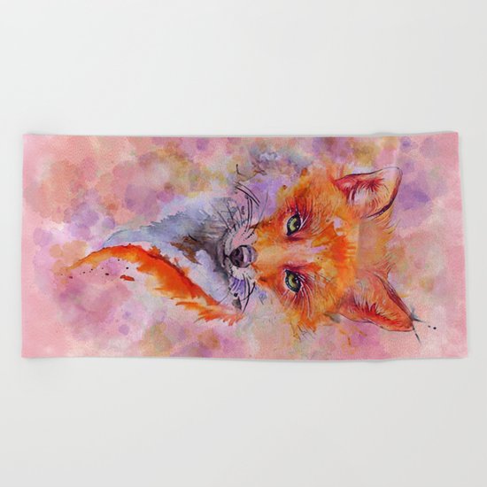 Watercolor colorful Fox Beach Towel