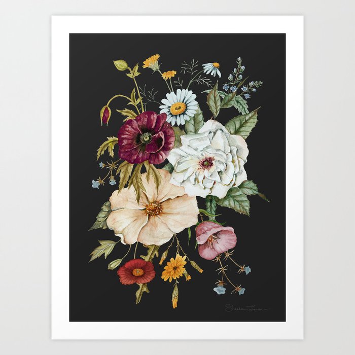 Colorful Wildflower Bouquet on Charcoal Black Art Print