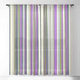 [ Thumbnail: Colorful Light Yellow, Dark Slate Gray, Dark Orchid, Green, and Grey Colored Striped Pattern Sheer Curtain ]