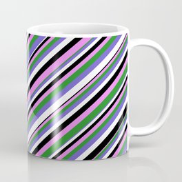 [ Thumbnail: Violet, Forest Green, Slate Blue, White & Black Colored Pattern of Stripes Coffee Mug ]
