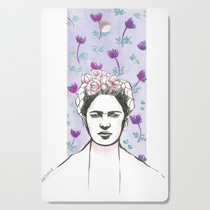 Frida Kahlo portrait Floral watercolor blue purple Cutting Board