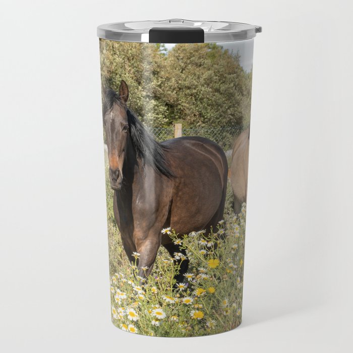 Horses in a Field of Wildflowers | Portugal Travel Art Print | Animal Photography in Europe Travel Mug