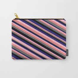 [ Thumbnail: Eye-catching Pink, Light Coral, Dim Grey, Black, and Midnight Blue Colored Stripes Pattern Carry-All Pouch ]