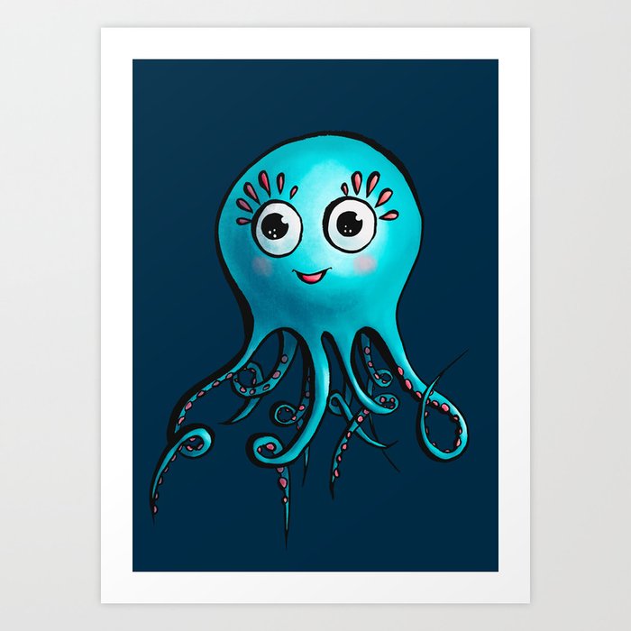 Cute Blue Octopus - Kawaii Cartoon Sea Animal Art Print by Boriana Giormova  | Society6
