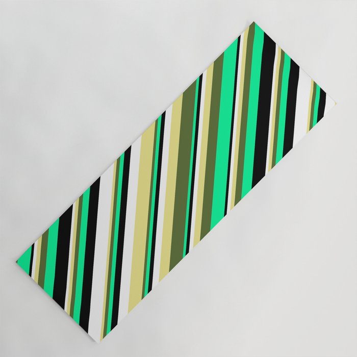 Eyecatching Tan, Dark Olive Green, Green, Black, and White Colored Lines/Stripes Pattern Yoga Mat