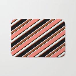 [ Thumbnail: Salmon, Brown, Black & Light Cyan Colored Pattern of Stripes Bath Mat ]