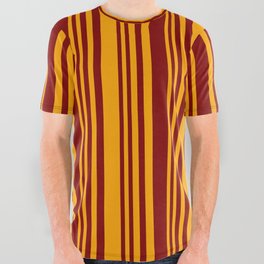 [ Thumbnail: Maroon and Orange Colored Stripes Pattern All Over Graphic Tee ]