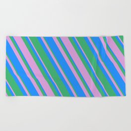 [ Thumbnail: Blue, Sea Green, and Plum Colored Pattern of Stripes Beach Towel ]