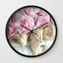 Shabby Chic Pink Peonies With Angel Cherub Wall Clock
