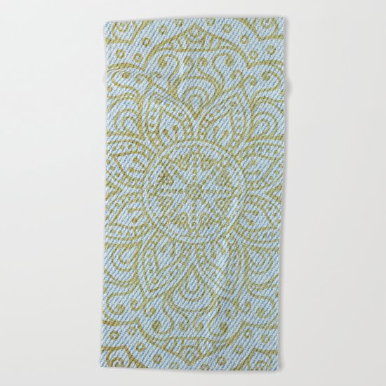 Gold Mandala on Light Blue Jeans Beach Towel