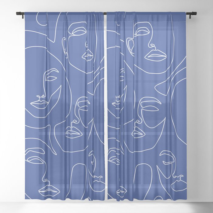 Faces In Blue Sheer Curtain