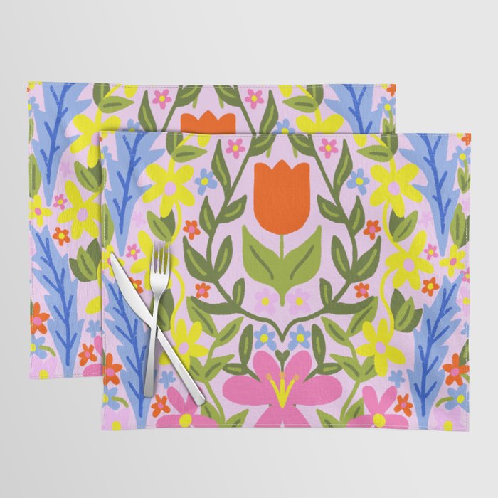 Mid-Century Modern Folk Art Flowers Pink Placemat