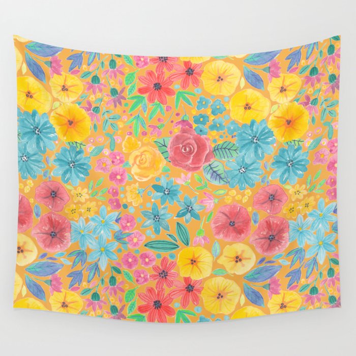 Floral watercolor pattern in yellow Wall Tapestry
