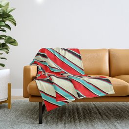 [ Thumbnail: Red, Turquoise, Light Yellow & Black Colored Lined/Striped Pattern Throw Blanket ]