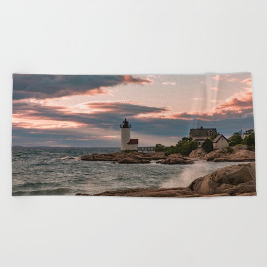 Annisquam Lighthouse sunset Beach Towel
