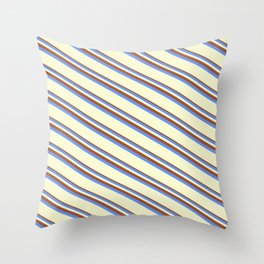 [ Thumbnail: Sienna, Cornflower Blue & Light Yellow Colored Striped/Lined Pattern Throw Pillow ]