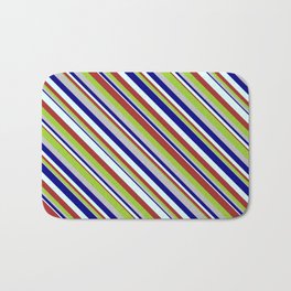 [ Thumbnail: Blue, Light Cyan, Brown, Green, and Grey Colored Striped Pattern Bath Mat ]