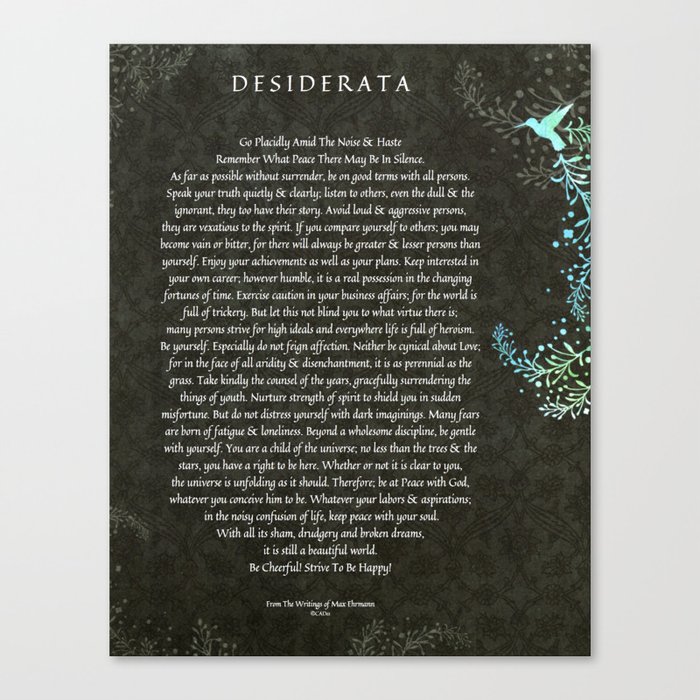 desiderata poem on black chalk board damask with blue hummingbird