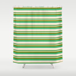 [ Thumbnail: Green, Sea Green, and Beige Colored Lined Pattern Shower Curtain ]