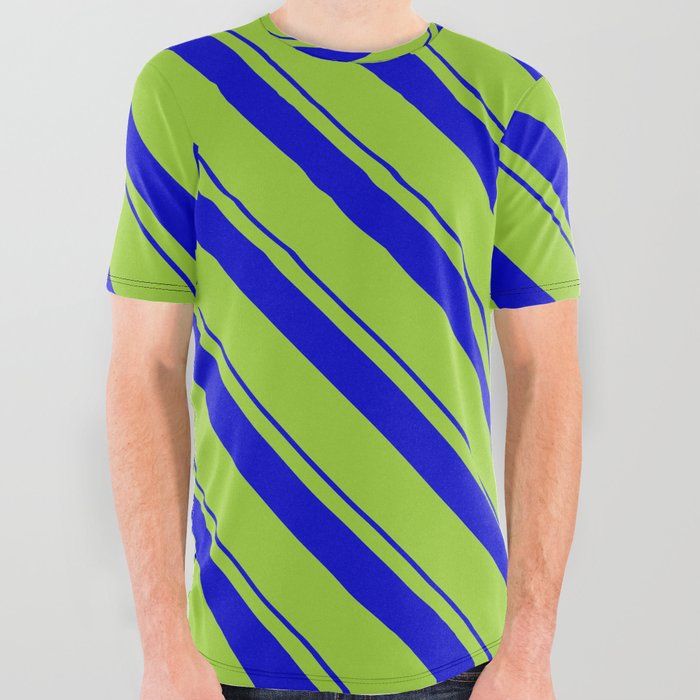 Blue & Green Colored Pattern of Stripes All Over Graphic Tee