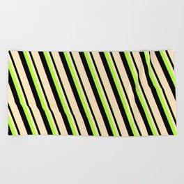 [ Thumbnail: Light Green, Black & Bisque Colored Lined Pattern Beach Towel ]