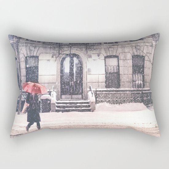 New York City Snow and Red Umbrella Rectangular Pillow