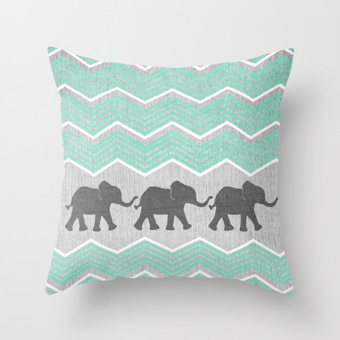 Three Elephants - Teal and White Chevron on Grey Throw Pillow