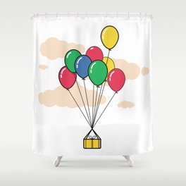 Gift box tied to balloons floating in the sky Shower Curtain