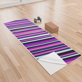 [ Thumbnail: Dark Violet, Hot Pink, Midnight Blue, Light Cyan & Black Colored Lined/Striped Pattern Yoga Towel ]