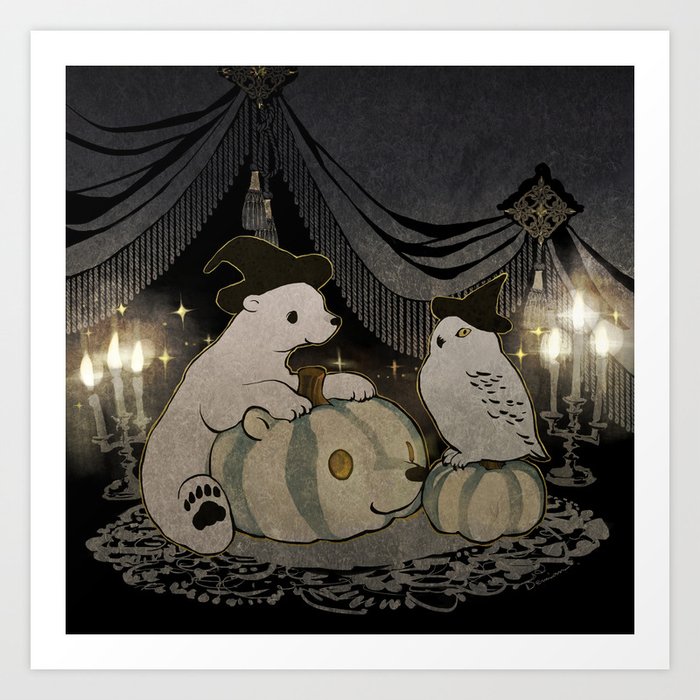halloween polar bear and white owl Art Print