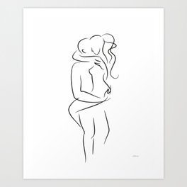 Sexy drawing of a couple kissing. Erotic embrace line art. Art Print