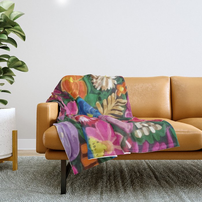 Oaxaca colorful flowers mexican style embroidery Throw Blanket